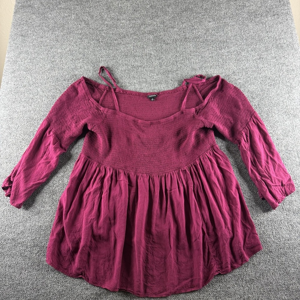 Torrid Blouse Womens 5 Red Smocked Off Shoulder 3/4 Balloon Sleeve Tunic Top
